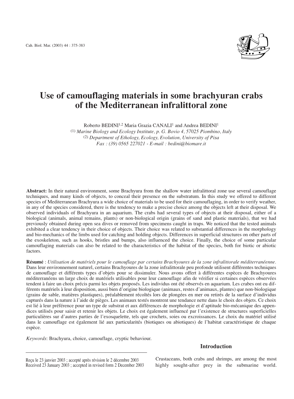 Use of Camouflaging Materials in Some Brachyuran Crabs of the Mediterranean Infralittoral Zone