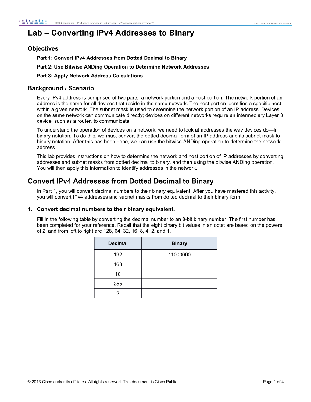 Lab Converting Ipv4 Addresses to Binary