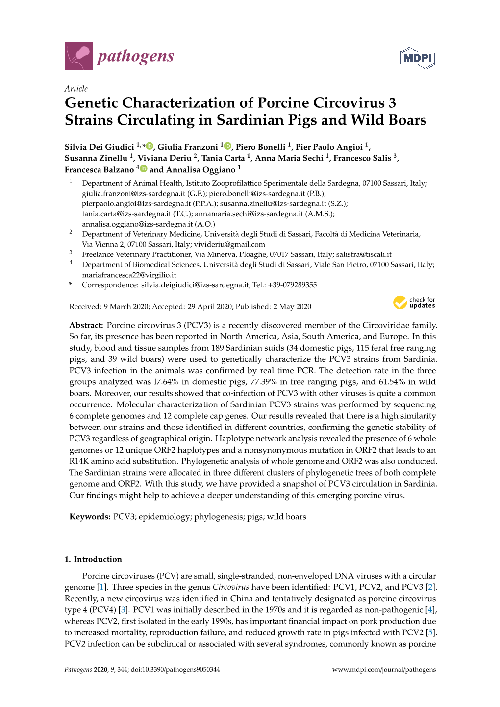 Genetic Characterization of Porcine Circovirus 3 Strains Circulating in Sardinian Pigs and Wild Boars