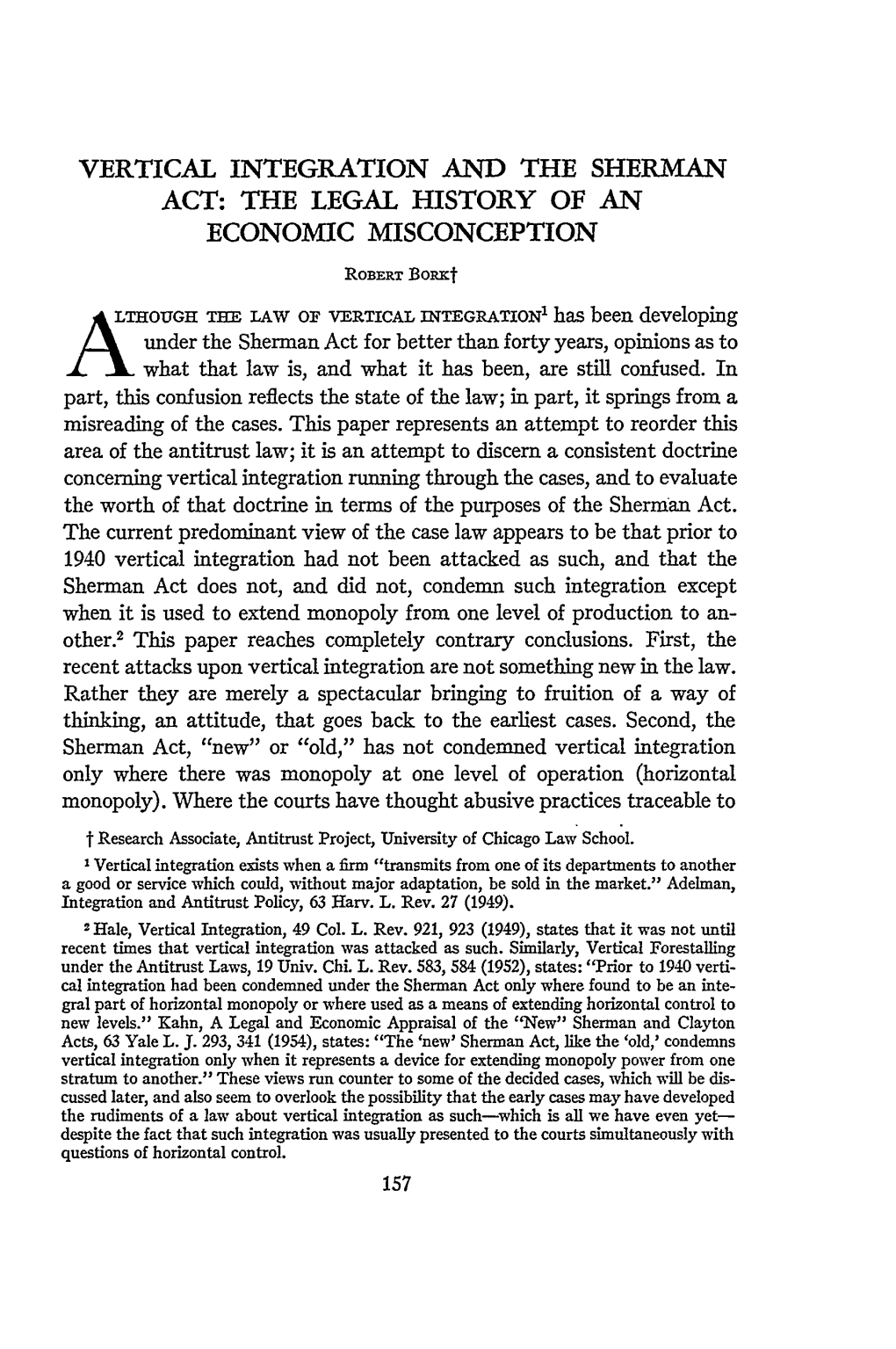 Vertical Integration and the Sherman Act: the Legal History of an Economic Misconception