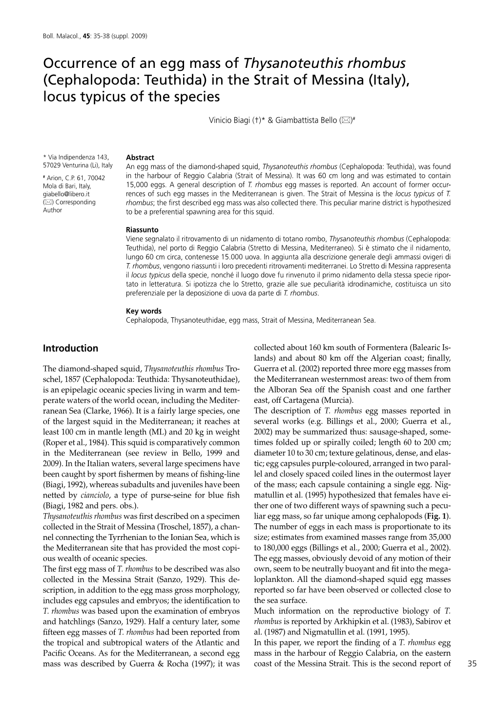 Occurrence of an Egg Mass of Thysanoteuthis Rhombus (Cephalopoda: Teuthida) in the Strait of Messina (Italy), Locus Typicus of the Species