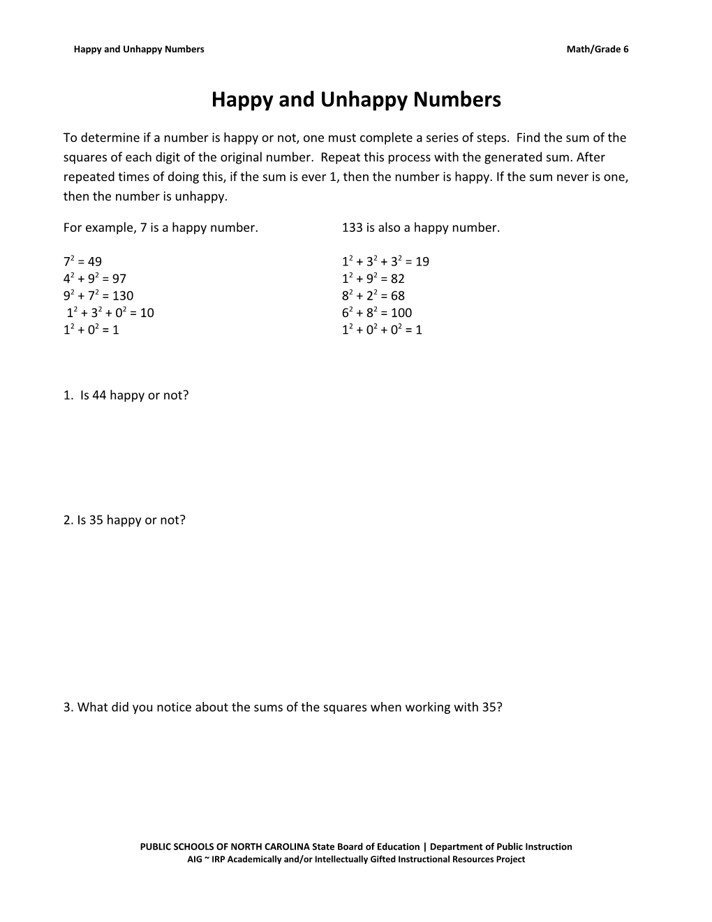 Happy and Unhappy Numbers Math/Grade 6