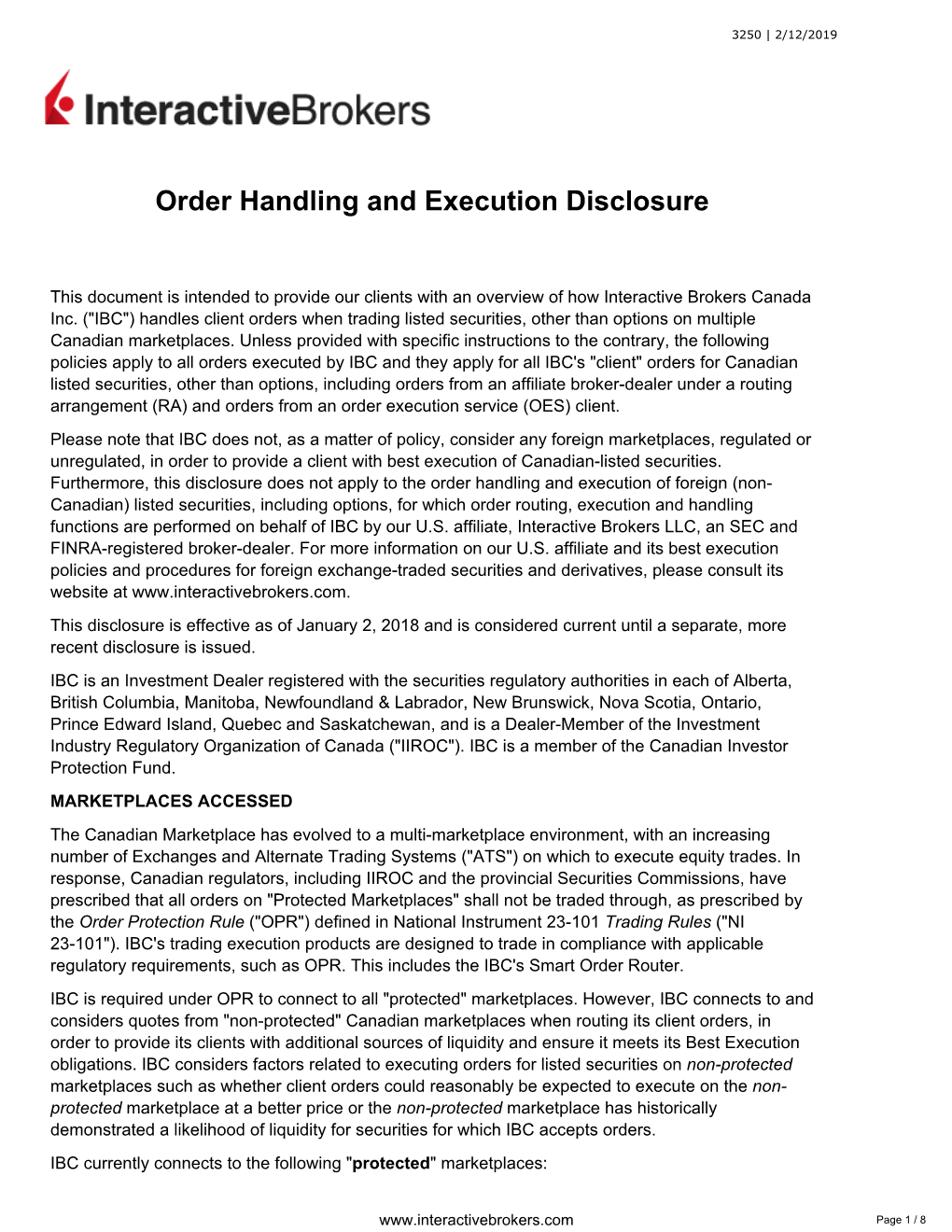 Order Handling and Execution Disclosure