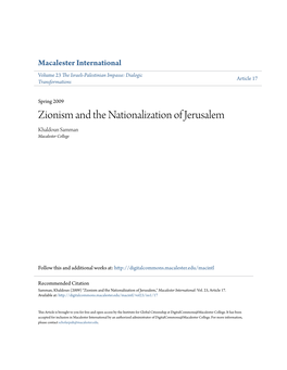 Zionism and the Nationalization of Jerusalem Khaldoun Samman Macalester College