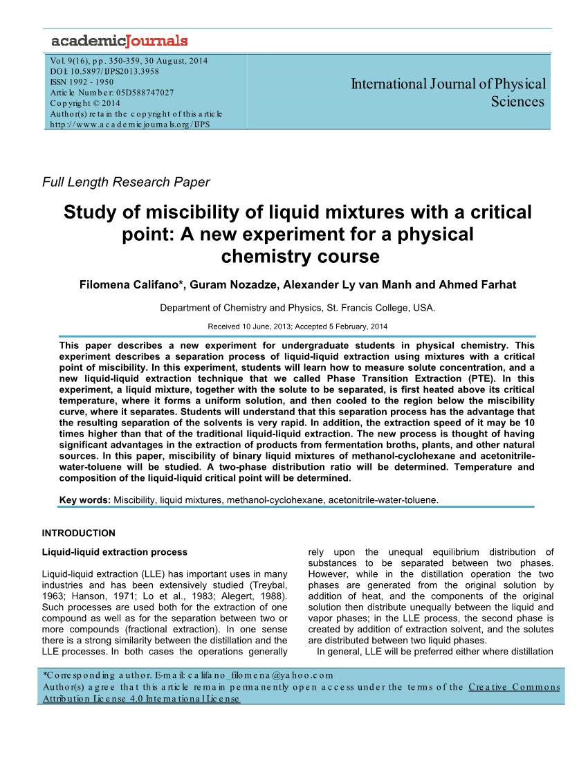 Study of Miscibility of Liquid Mixtures with a Critical Point: a New Experiment for a Physical Chemistry Course