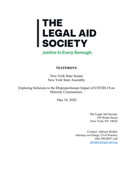 The Legal Aid Society 199 Water Street New York, NY 10038