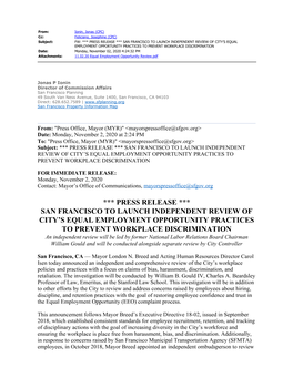 *** Press Release *** San Francisco to Launch Independent Review of City's Equal Employment Opportunity Practices to Prevent W