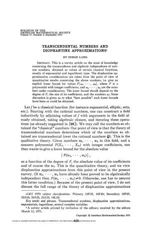 Transcendental Numbers and Diophantine Approximations1