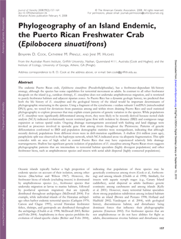 Phylogeography of an Island Endemic, the Puerto Rican Freshwater Crab (Epilobocera Sinuatifrons)