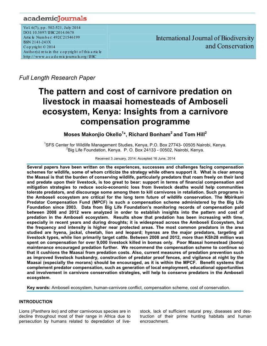 The Pattern and Cost of Carnivore Predation on Livestock in Maasai Homesteads of Amboseli Ecosystem, Kenya: Insights from a Carnivore Compensation Programme