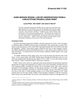 Dare Mission Design: Low Rfi Observations from a Low-Altitude Frozen Lunar Orbit