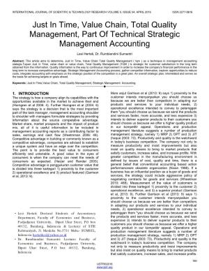 Just in Time, Value Chain, Total Quality Management, Part of Technical Strategic Management Accounting