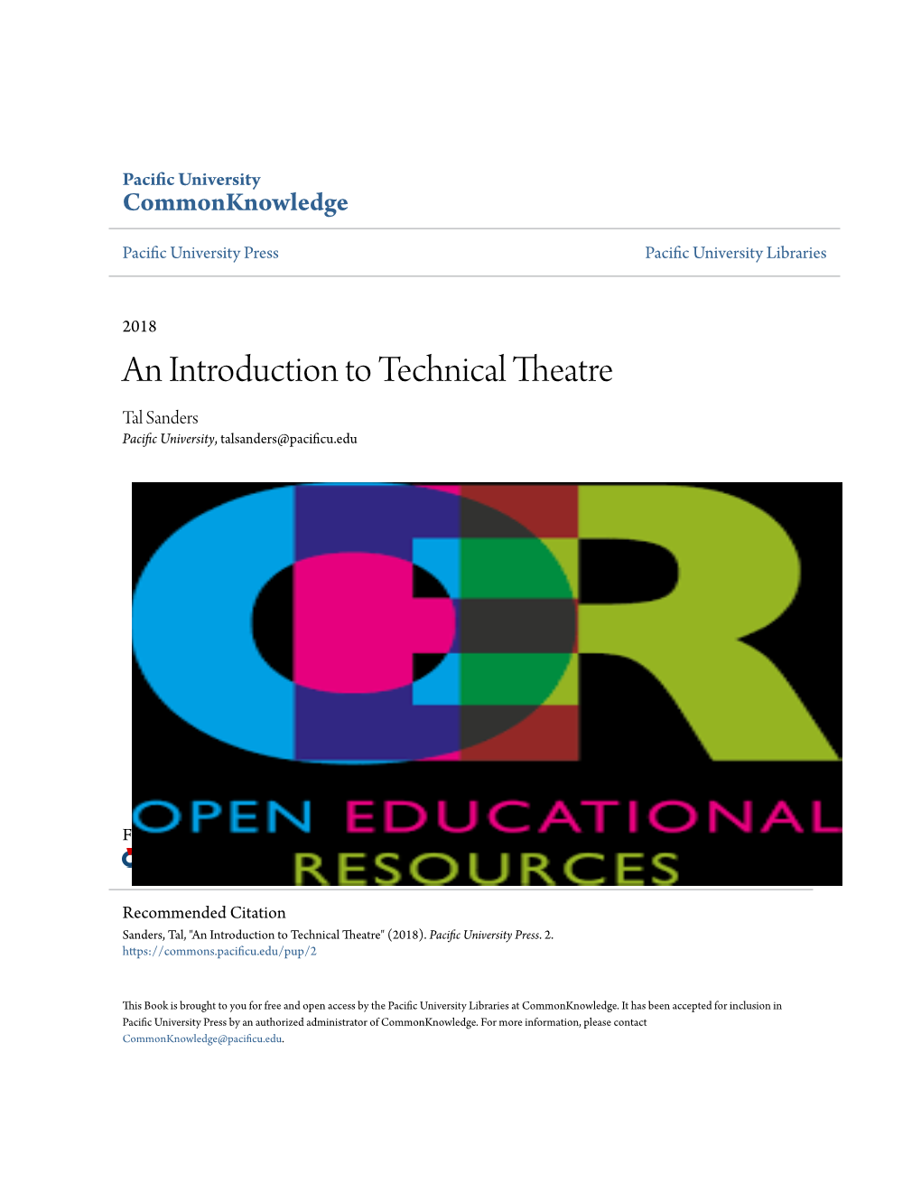 An Introduction to Technical Theatre Tal Sanders Pacific University, Talsanders@Pacificu.Edu