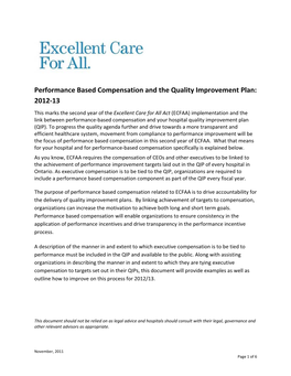 Performance Based Compensation and the Quality Improvement Plan