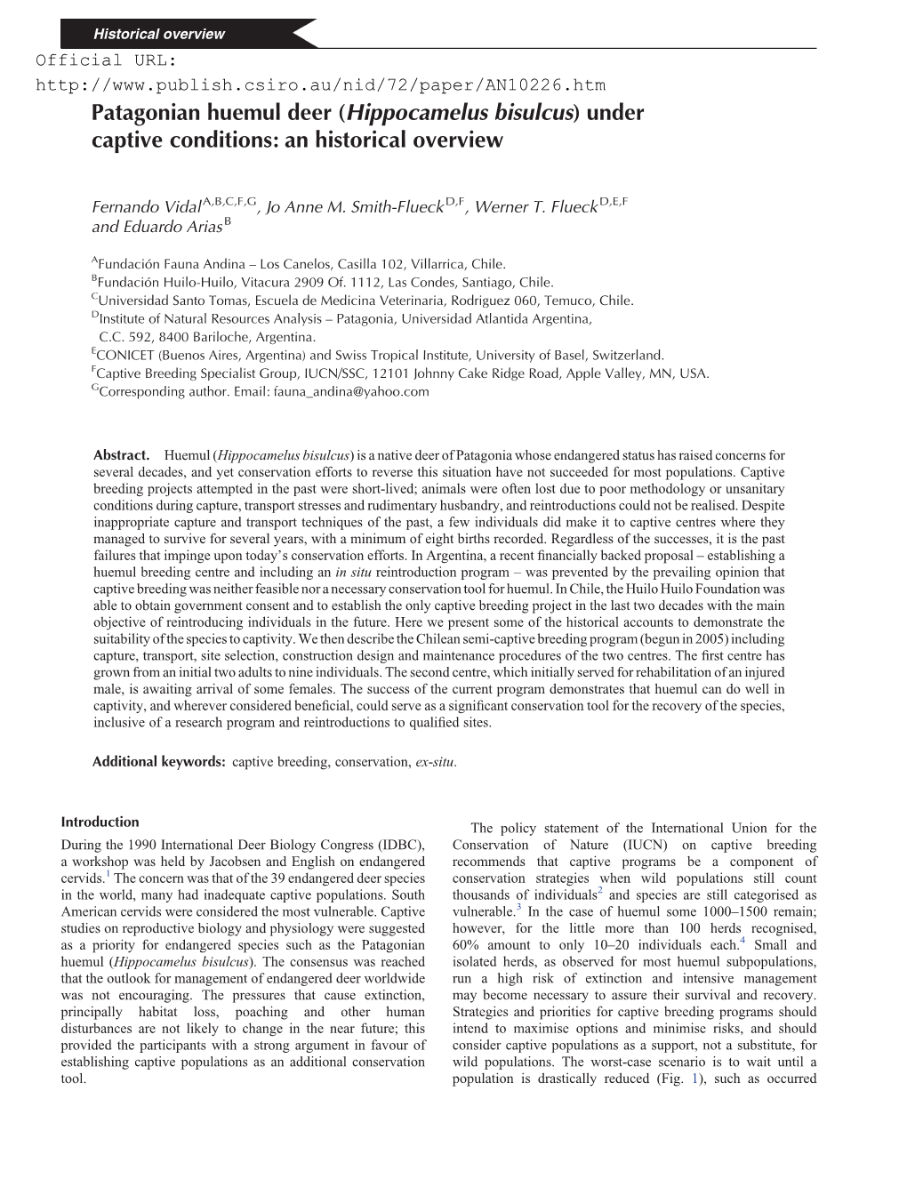 Patagonian Huemul Deer (Hippocamelus Bisulcus) Under Captive Conditions: an Historical Overview