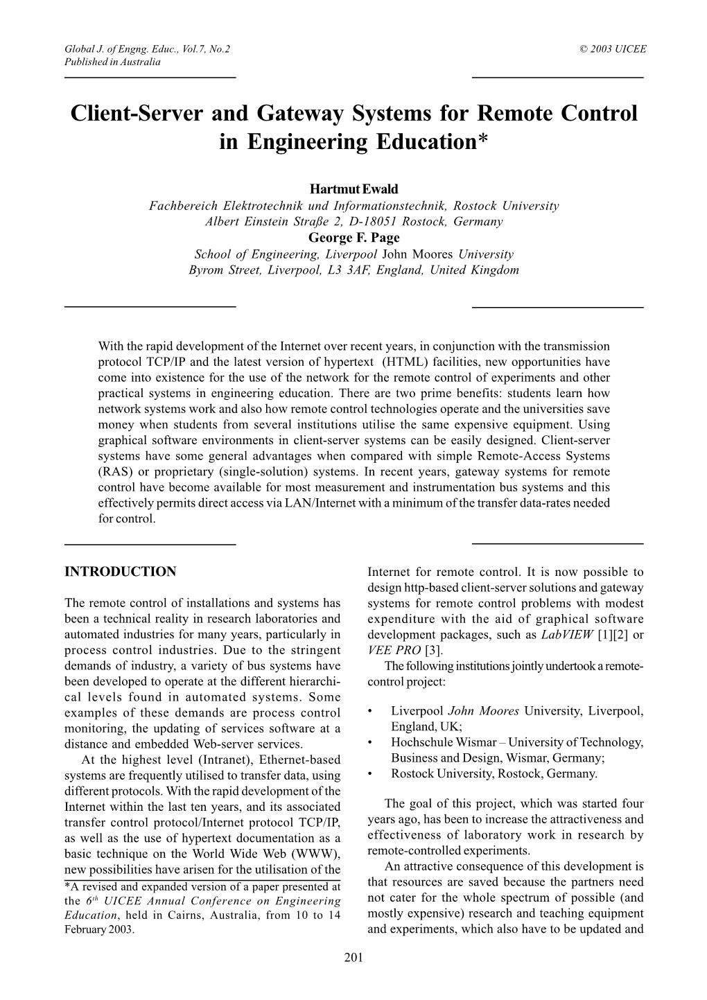 Client-Server and Gateway Systems for Remote Control in Engineering Education*