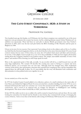 The Cato Street Conspiracy, 1820: a Study in Terrorism