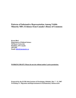 Patterns of Substantive Representation Among Visible Minority Mps: Evidence from Canada’S House of Commons