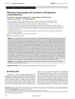 Phylogeny, Biogeography and Systematics of Dysphanieae (Amaranthaceae) Pertti Uotila,1 Alexander P