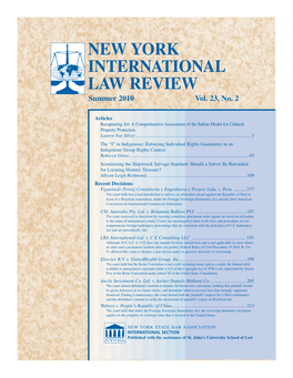 NEW YORK INTERNATIONAL LAW REVIEW Summer 2010 Vol