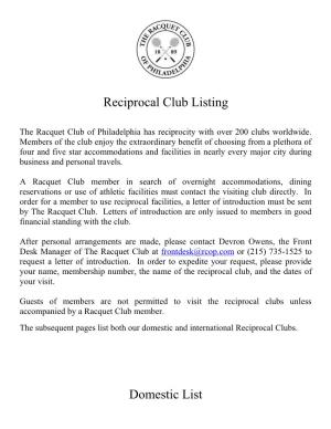 Reciprocal Club Listing Domestic List