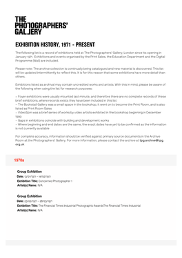 Exhibition History, 1971 - Present
