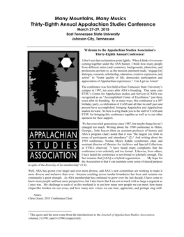 Many Mountains, Many Musics Thirty-Eighth Annual Appalachian Studies Conference March 27-29, 2015 East Tennessee State University Johnson City, Tennessee