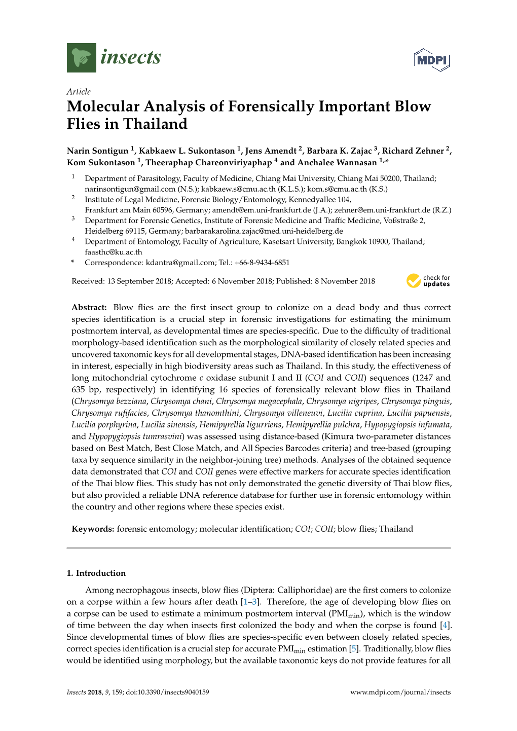 Molecular Analysis of Forensically Important Blow Flies in Thailand