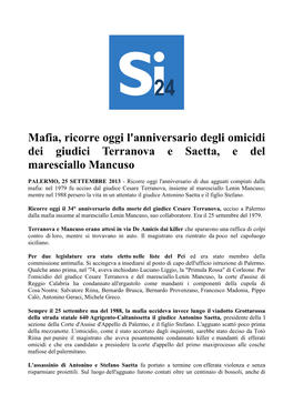 Mafia, Ricorre Oggi L'anniversario Degli Omicidi Dei Giudici Terranova E Saetta, E Del Maresciallo Mancuso