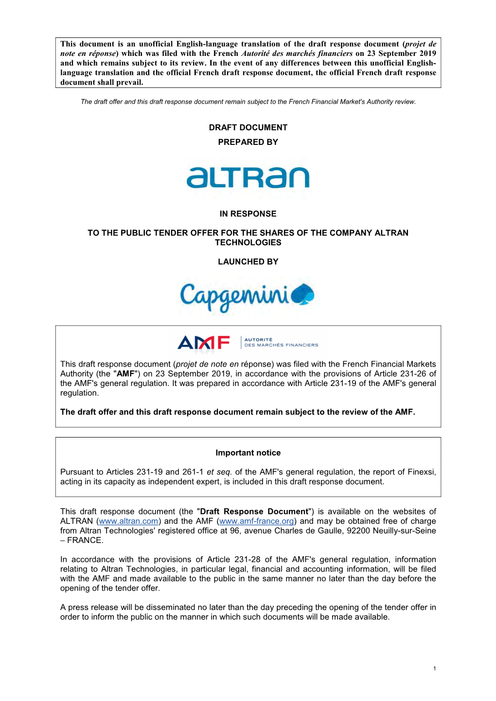 Projet De Note En Réponse) Which Was Filed with the French Autorité Des Marchés Financiers on 23 September 2019 and Which Remains Subject to Its Review