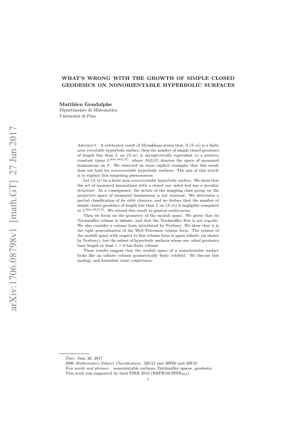 Arxiv:1706.08798V1 [Math.GT] 27 Jun 2017