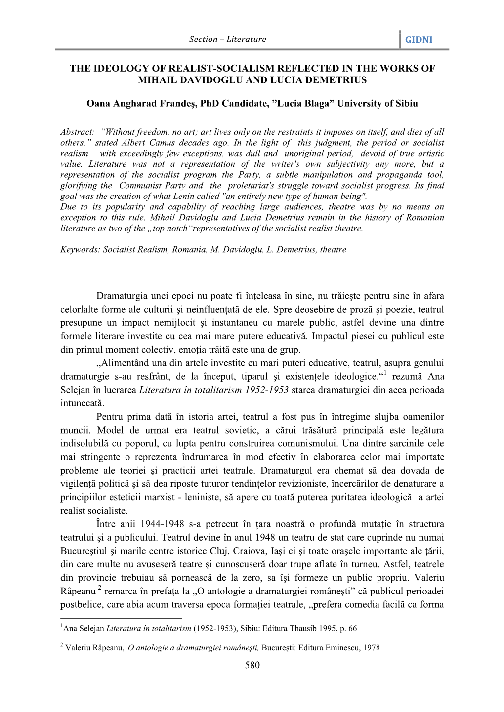 GIDNI 580 the IDEOLOGY of REALIST-SOCIALISM REFLECTED in the WORKS of MIHAIL DAVIDOGLU and LUCIA DEMETRIUS Oana Angharad Frande