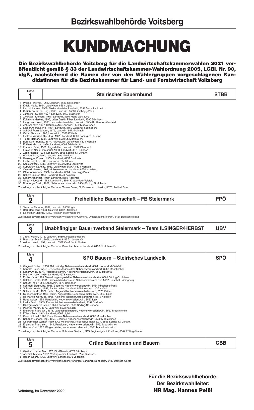 Bezirkswahlbehörde Voitsberg KUNDMACHUNG