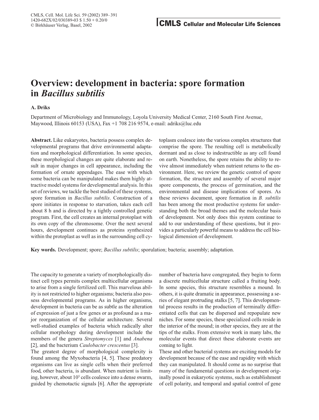 Overview: Development in Bacteria: Spore Formation in Bacillus Subtilis