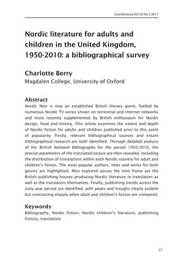 Nordic Literature for Adults and Children in the United Kingdom, 1950-2010: a Bibliographical Survey