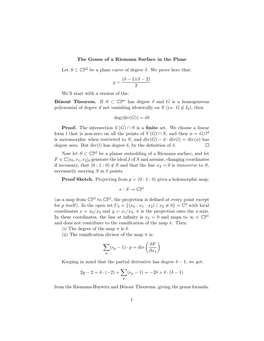 The Genus of a Riemann Surface in the Plane Let S ⊂ CP 2 Be a Plane