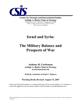Israel and Syria: the Military Balance and Prospects Of