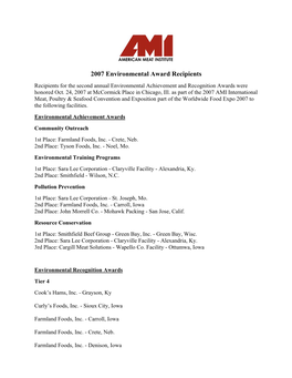 2007 Environmental Award Recipients Recipients for the Second Annual Environmental Achievement and Recognition Awards Were Honored Oct