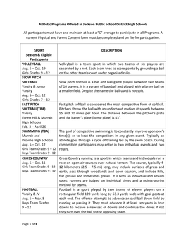 Athletic Programs Offered in Jackson Public School District High Schools