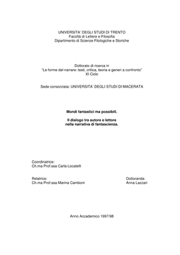 Mondi Fantastici Ma Possibili. Il Dialogo Tra Autore E Lettore Nella Narrativa