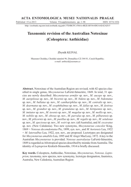 Taxonomic Revision of the Australian Notoxinae (Coleoptera: Anthicidae)