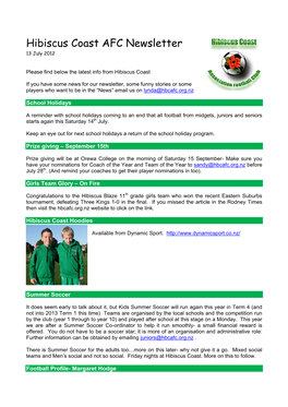 Hibiscus Coast AFC Newsletter 13 July 2012
