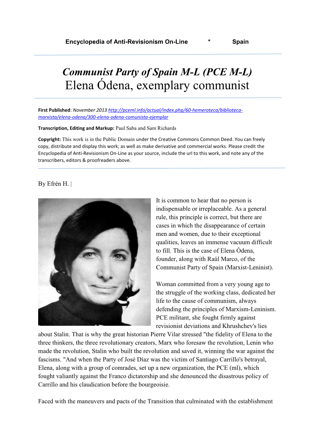 (PCE M-L) Elena Ódena, Exemplary Communist