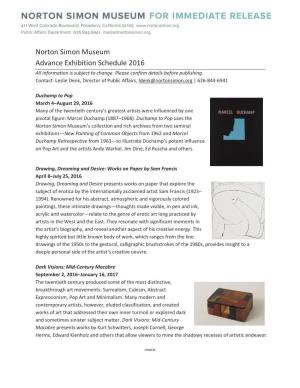 Norton Simon Museum Advance Exhibition Schedule 2016 All Information Is Subject to Change