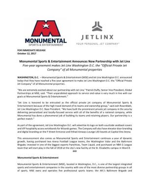 Monumental Sports & Entertainment Announces New Partnership With