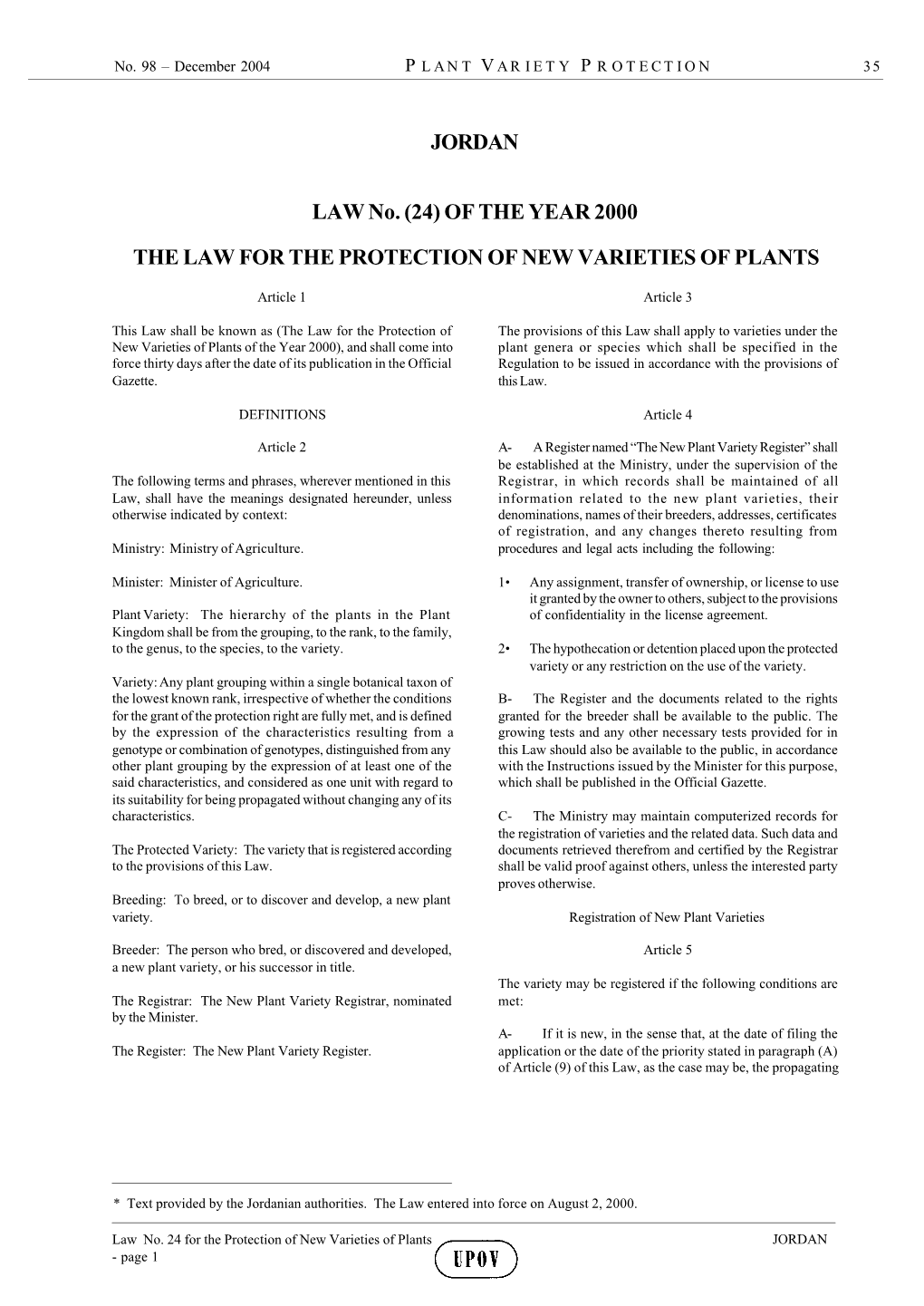 Law No.24 of the Year 2000 for the Protection of Neaw Plant Varieties