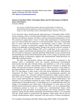 1 Sickness in the Body Politic: Christopher Bollas and the Deformation of Political Spaces and Subjects by Ryan Lamothe in His D