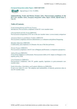 Post-Accession Compliance in the EU's New Member States, European Integration Online Papers (Eiop), Special Issue 2, Vol