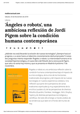 'Ángeles O Robots', Una Ambiciosa Re Exión De Jordi Pigem Sobre La