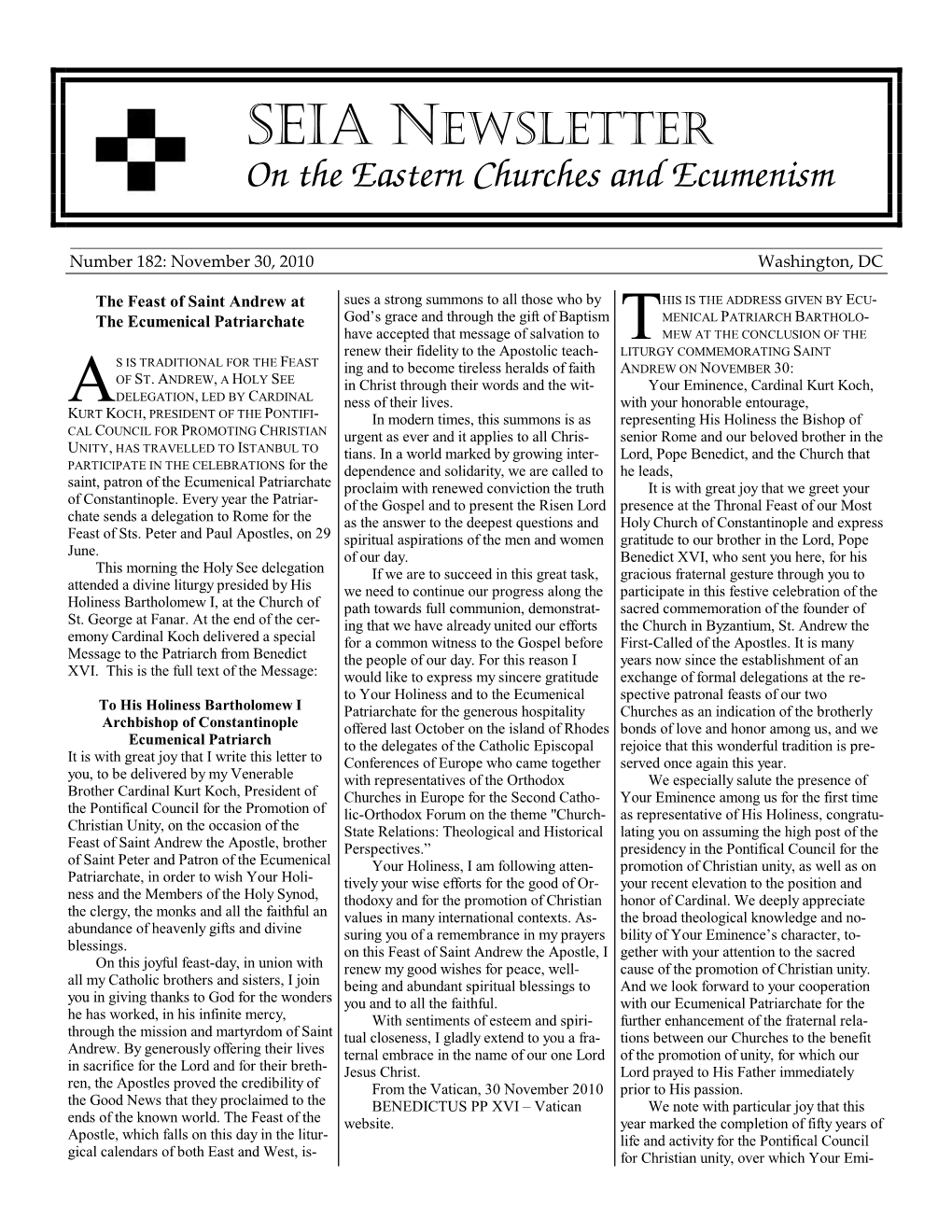 SEIA NEWSLETTER on the Eastern Churches and Ecumenism
